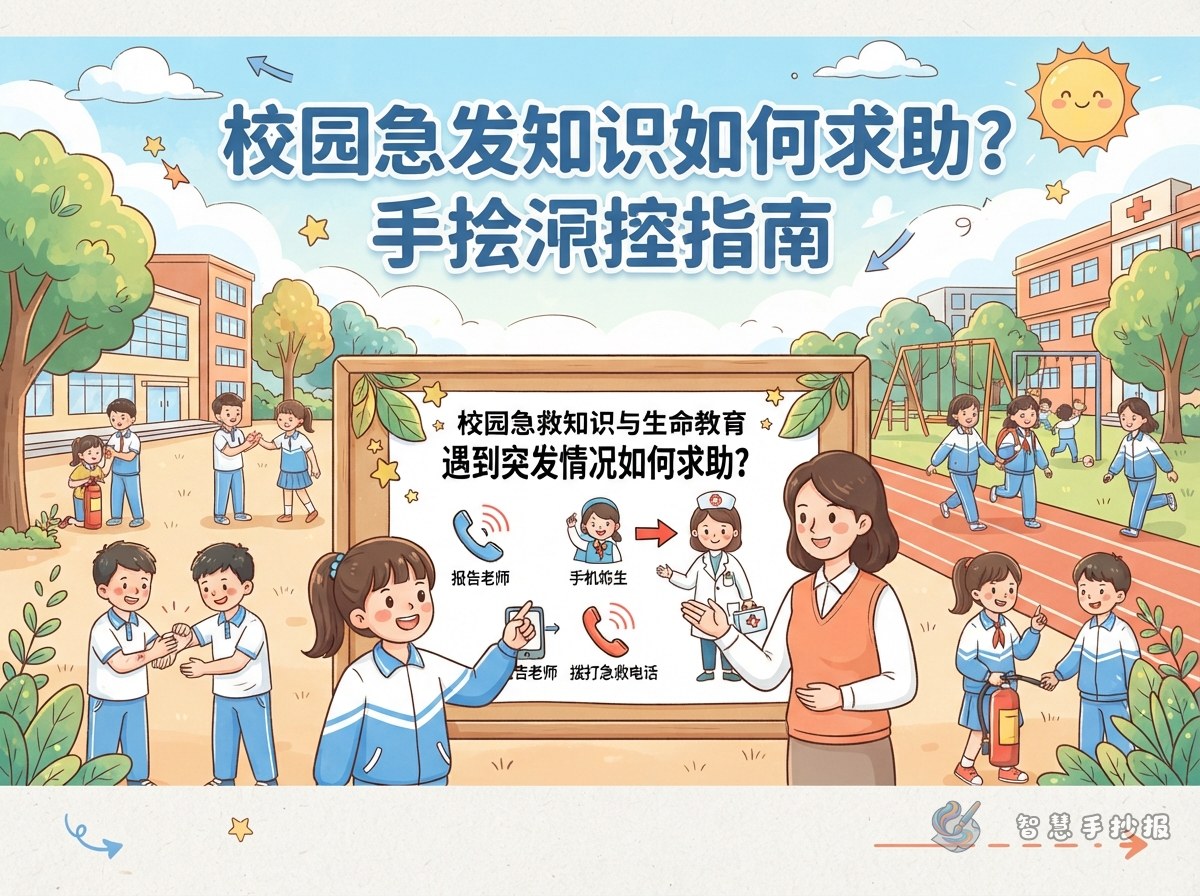 校园遇到突发情况如何求助？手抄报这样画 - 智慧手抄报专题封面图
