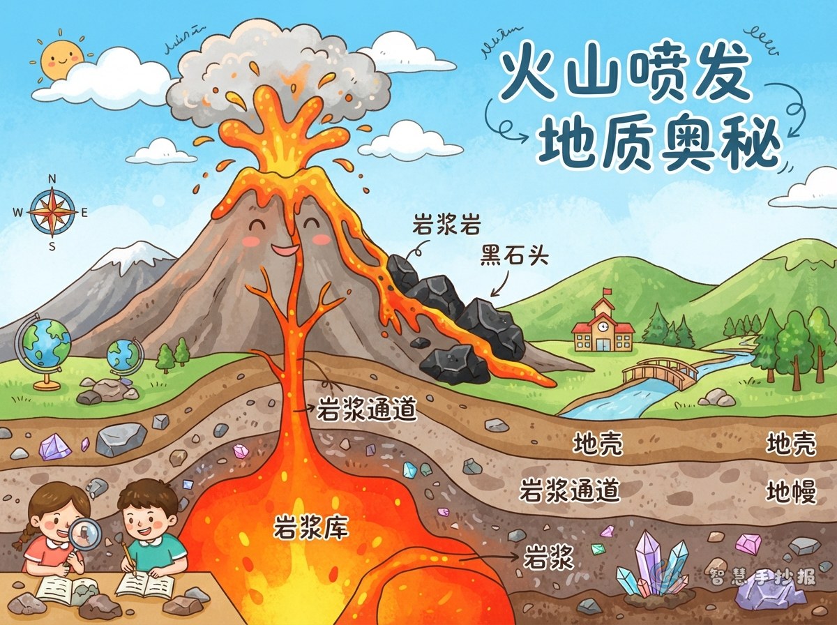 火山喷发和岩浆岩手抄报怎么画？从地下岩浆画到黑石头 - 智慧手抄报专题封面图