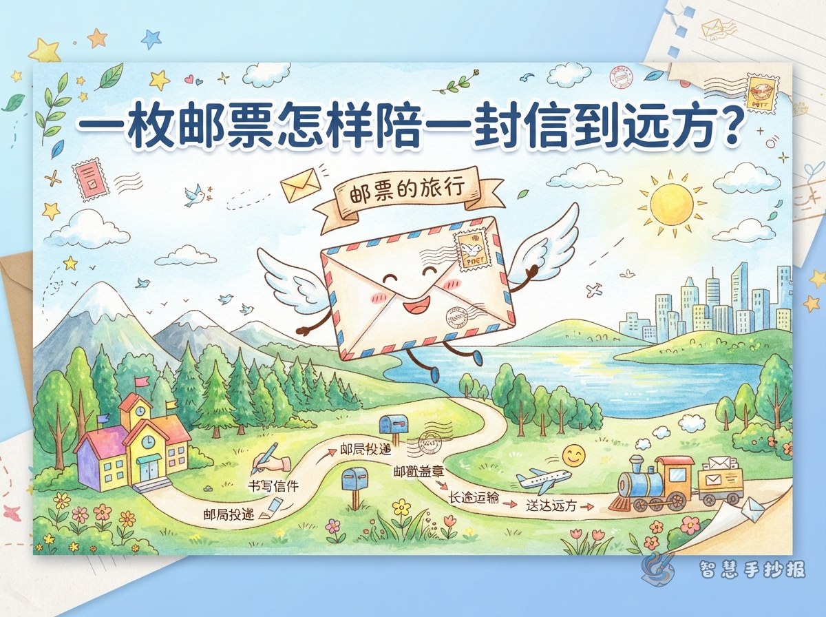 一枚邮票怎样陪一封信到远方？手抄报内容与版面设计 - 智慧手抄报专题封面图
