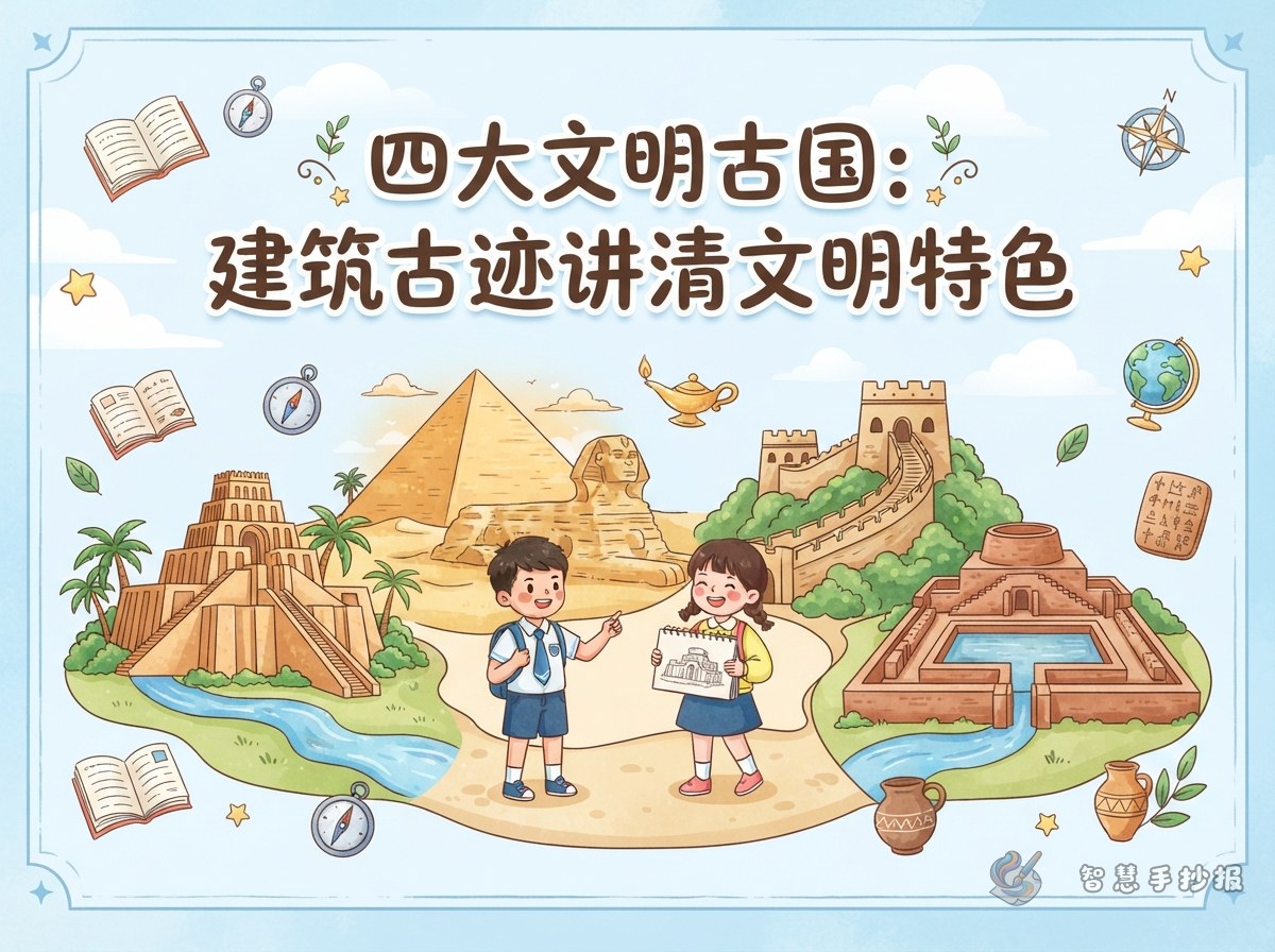 四大文明古国手抄报怎么用建筑古迹讲清文明特色 - 智慧手抄报专题封面图