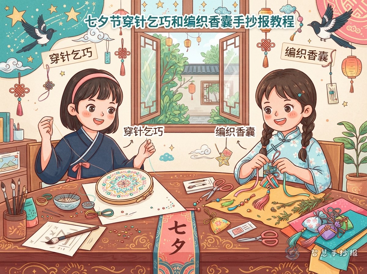 七夕节穿针乞巧和编织香囊手抄报怎么做 - 智慧手抄报专题封面图