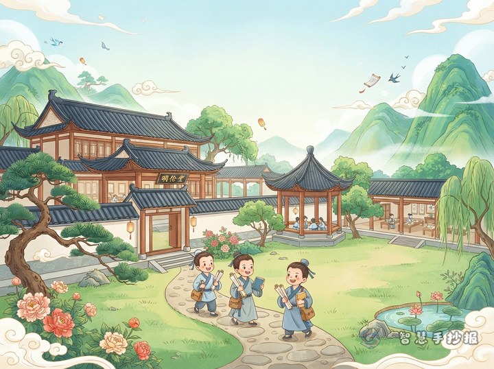 古代书院建筑主题手抄报怎么画出求学意境 - 相关内容封面