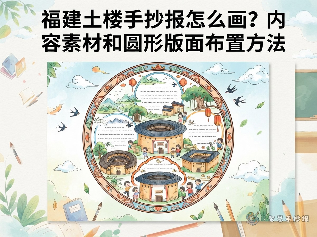 福建土楼手抄报怎么画？内容素材和圆形版面布置方法 - 智慧手抄报专题封面图