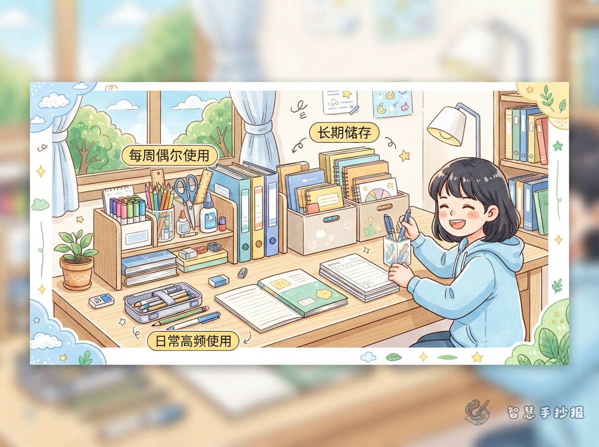 学习用品按使用频率收纳手抄报怎么画 - 智慧手抄报专题封面图