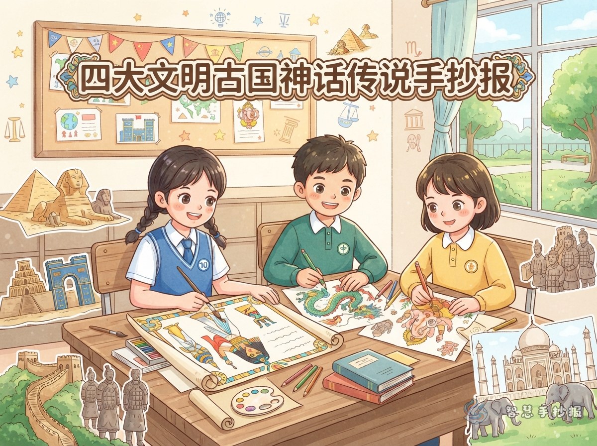 四大文明古国神话传说手抄报怎么选故事、画神灵、排版面 - 智慧手抄报专题封面图