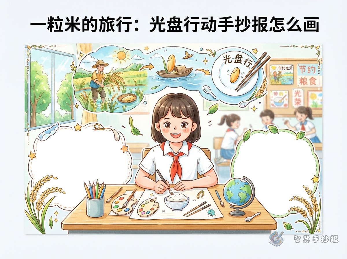 一粒米的旅行：光盘行动手抄报怎么画 - 智慧手抄报专题封面图