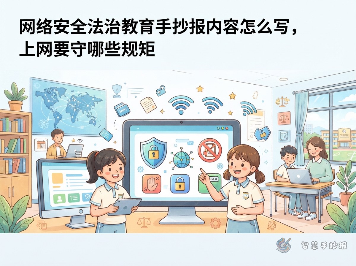 网络安全法治教育手抄报内容怎么写，上网要守哪些规矩 - 智慧手抄报专题封面图