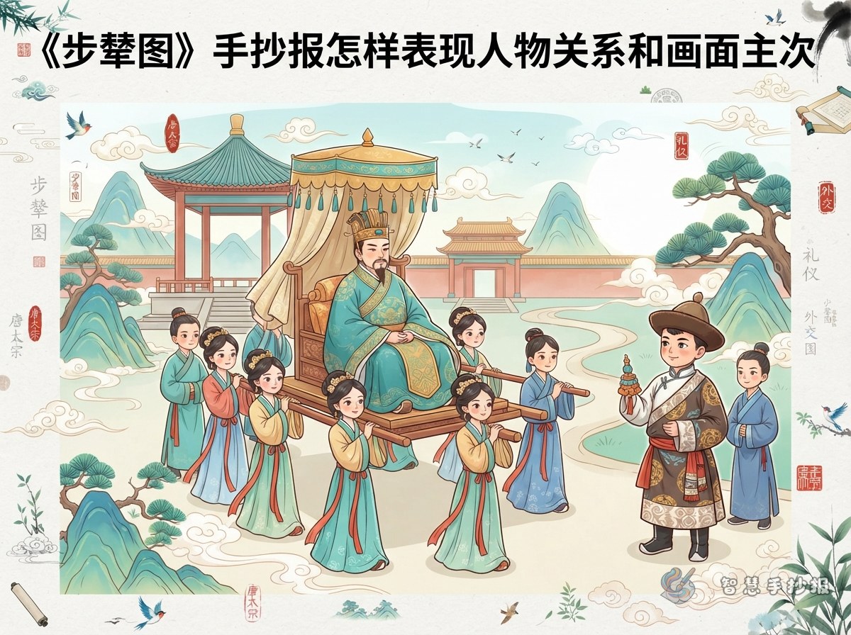 《步辇图》手抄报怎样表现人物关系和画面主次 - 智慧手抄报专题封面图
