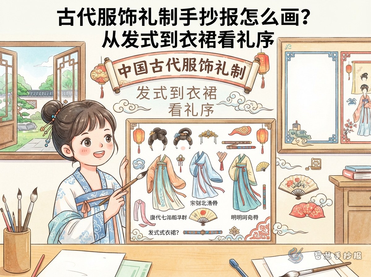 古代服饰礼制手抄报怎么画？从发式到衣裙看礼序 - 智慧手抄报专题封面图