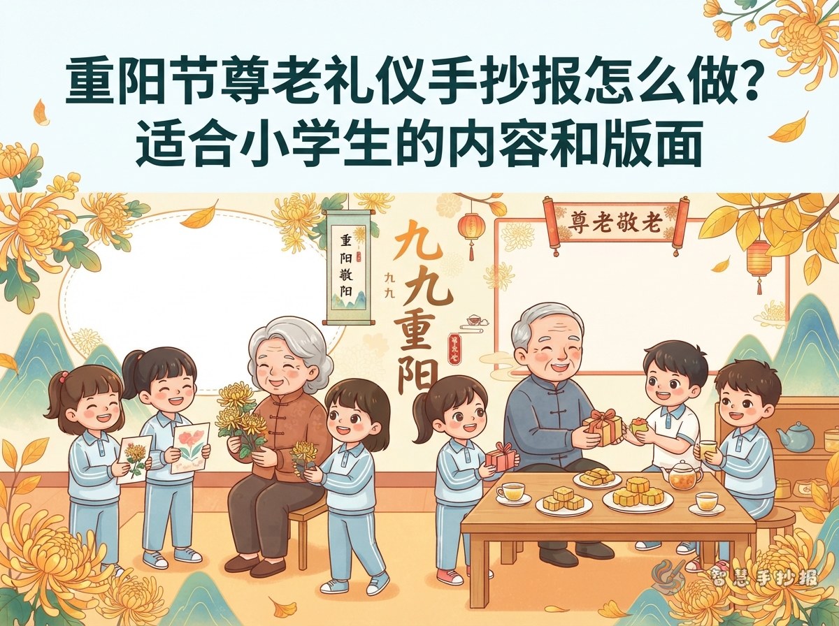 重阳节尊老礼仪手抄报怎么做？适合小学生的内容和版面 - 智慧手抄报专题封面图