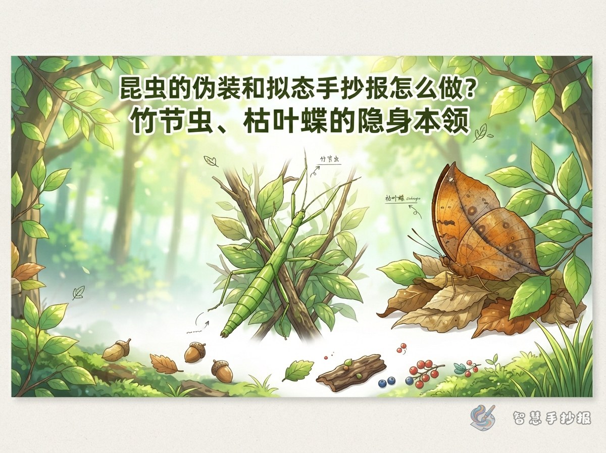昆虫的伪装和拟态手抄报怎么做？竹节虫、枯叶蝶的隐身本领 - 智慧手抄报专题封面图