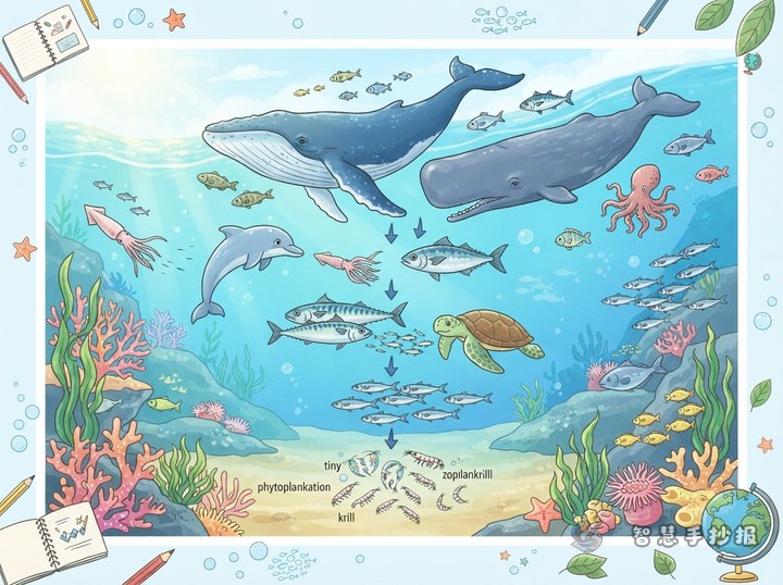 海洋食物链手抄报怎么画？从浮游生物到鲸鱼 - 相关内容封面