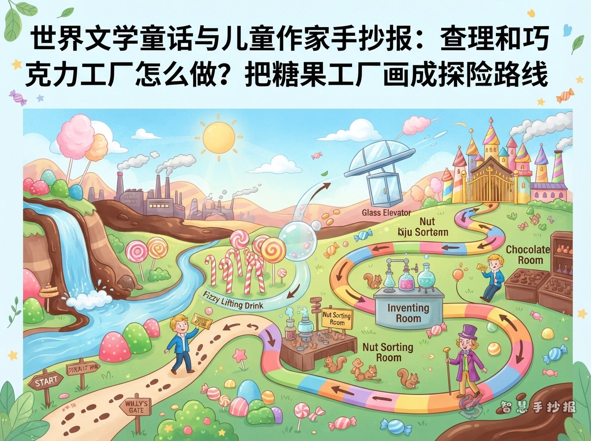 《查理和巧克力工厂》手抄报怎么做？把糖果工厂画成探险路线 - 智慧手抄报专题封面图