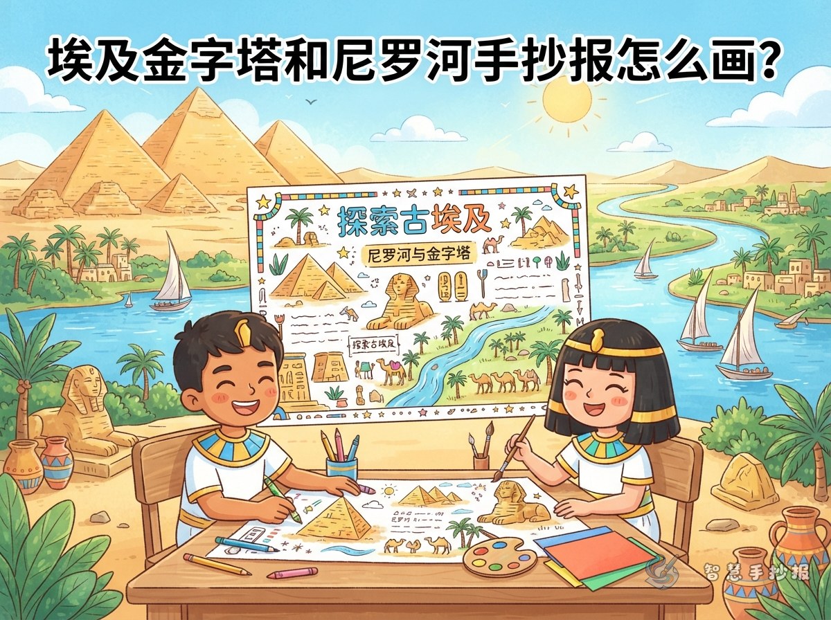 埃及金字塔和尼罗河手抄报怎么画？ - 智慧手抄报专题封面图