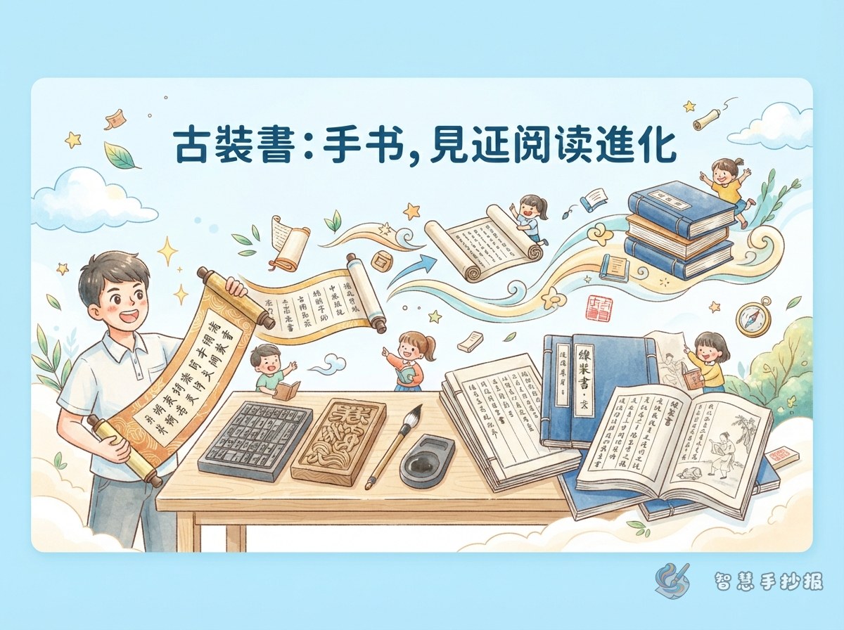 古代书籍装帧手抄报怎么做？从卷轴到线装书看阅读变化 - 智慧手抄报专题封面图