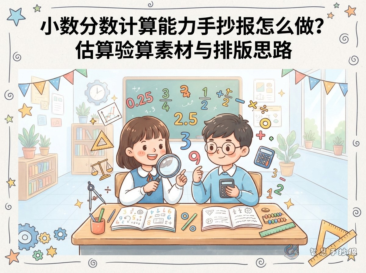 小数分数计算能力手抄报怎么做？估算验算素材与排版思路 - 智慧手抄报专题封面图