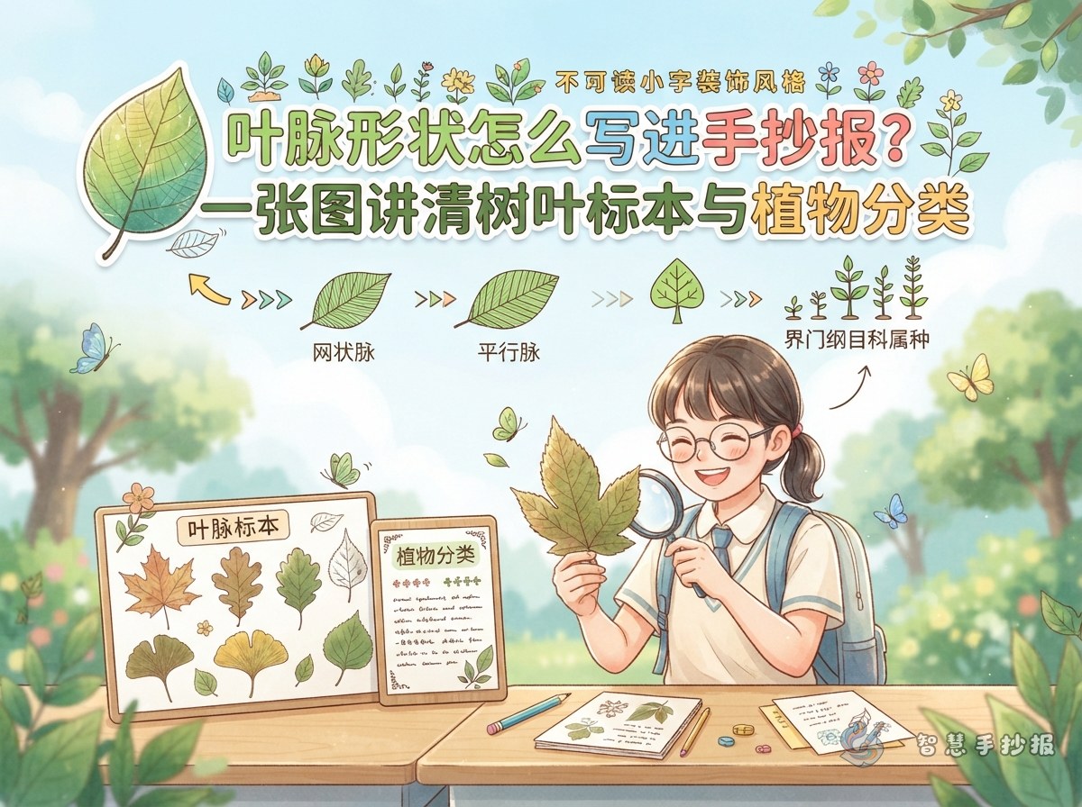 叶脉形状怎么写进手抄报？一张图讲清树叶标本与植物分类 - 智慧手抄报专题封面图