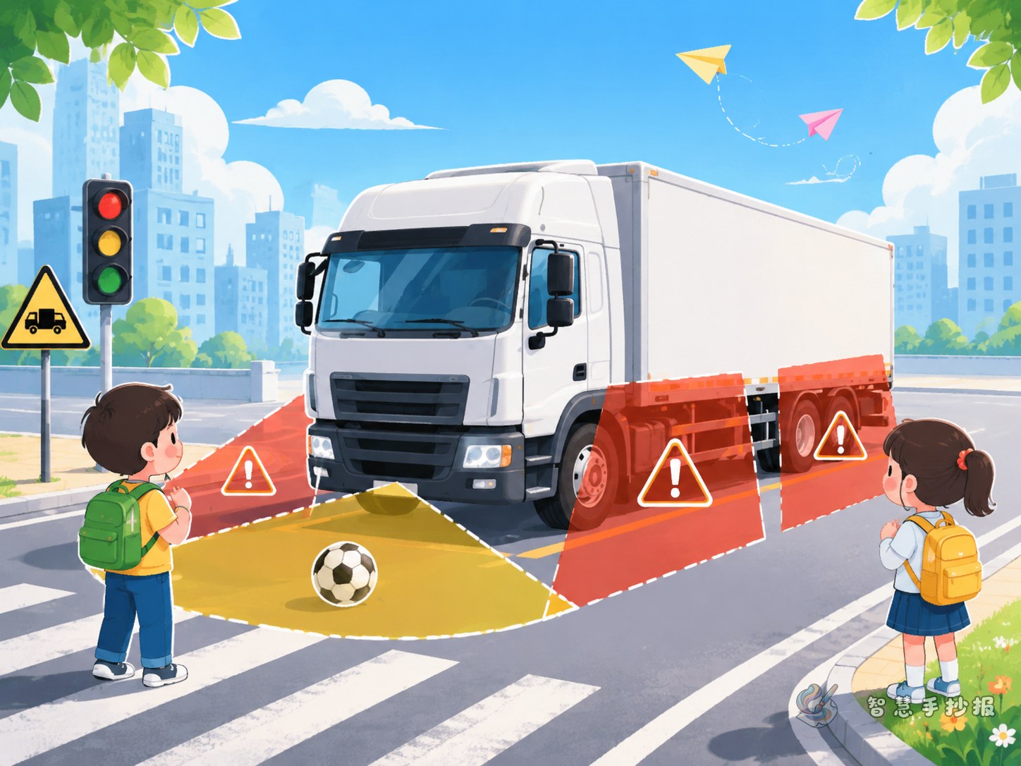 远离大货车盲区手抄报怎么做？小学生内容与版面思路 - 智慧手抄报专题封面图