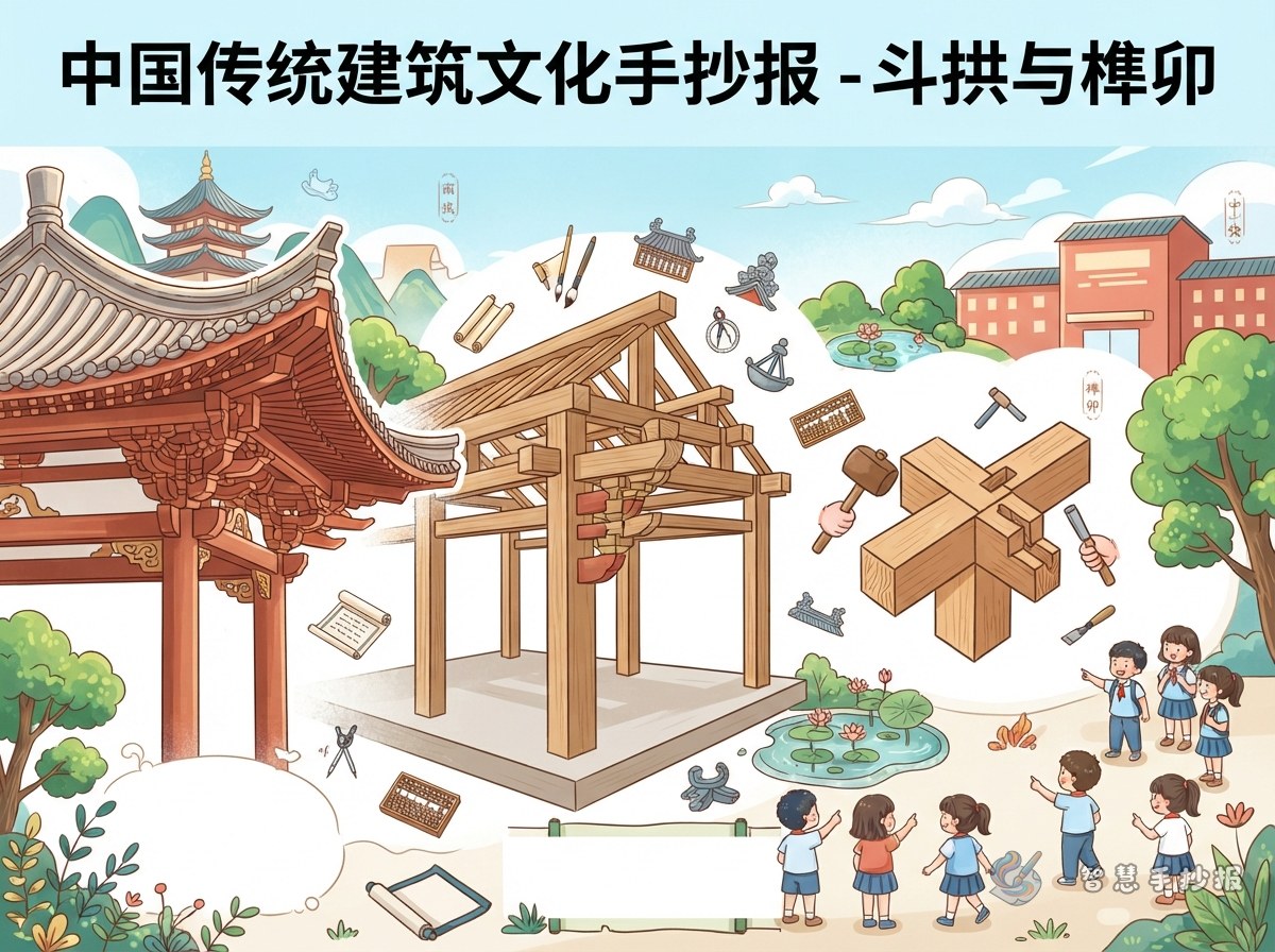 斗拱与榫卯手抄报怎么写？中国传统建筑木结构素材整理 - 智慧手抄报专题封面图