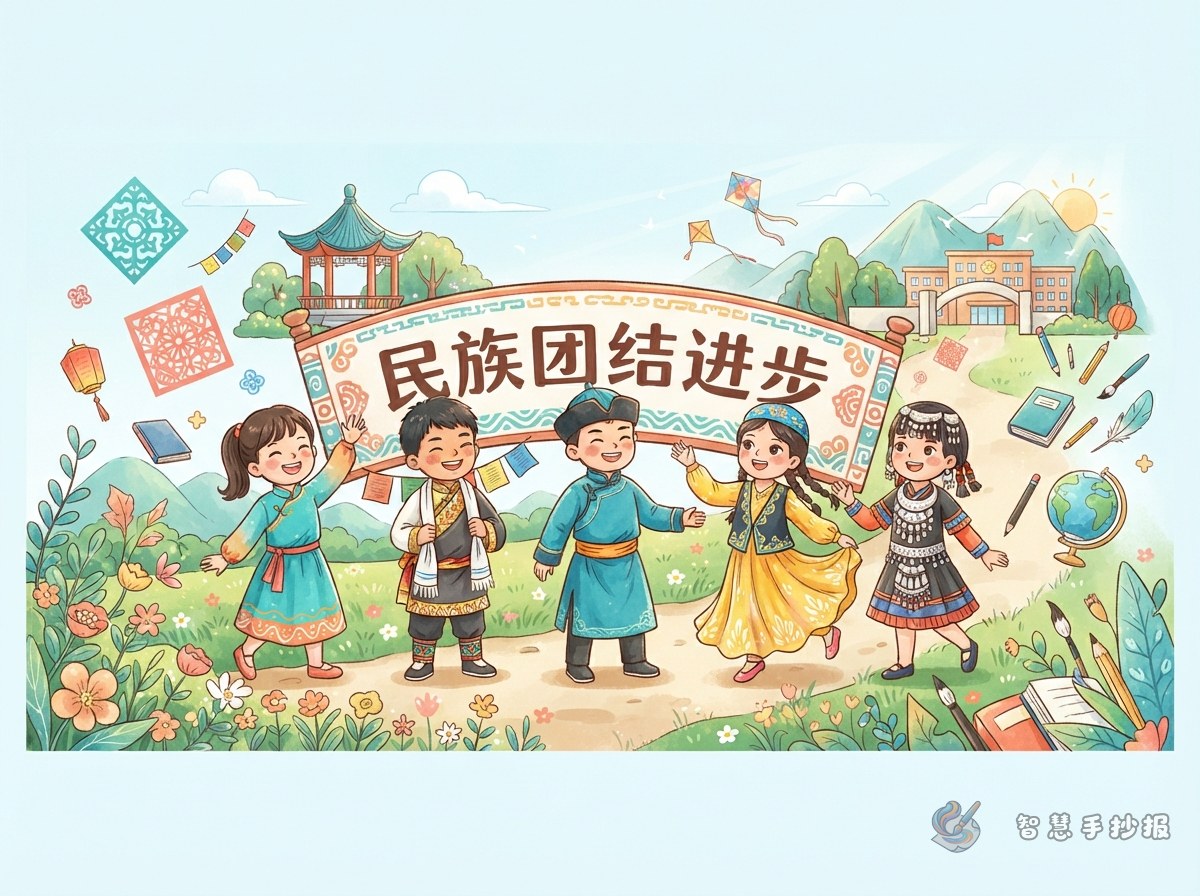 民族团结共同进步手抄报可以写民族服饰和风俗吗？ - 智慧手抄报专题封面图