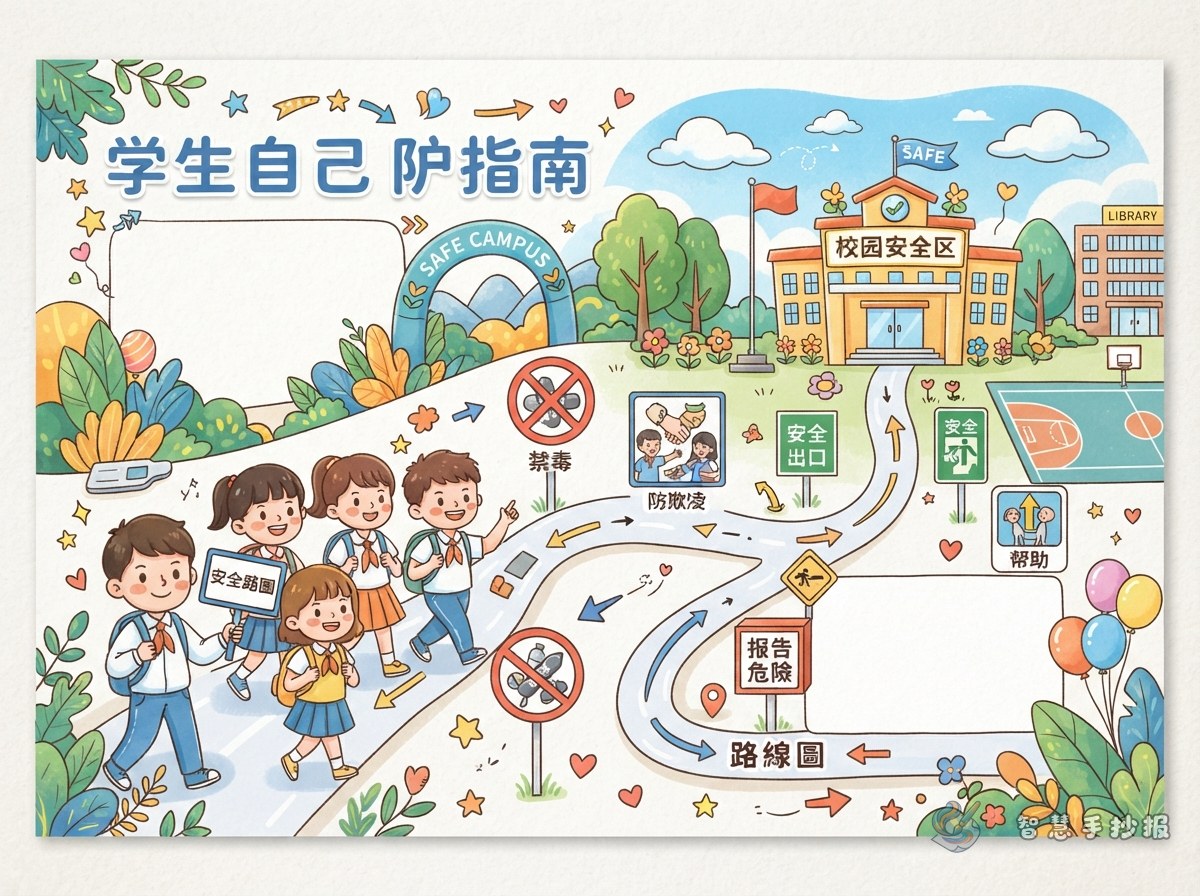 把安全出口画成路线图：禁毒防欺凌手抄报怎么设计 - 智慧手抄报专题封面图