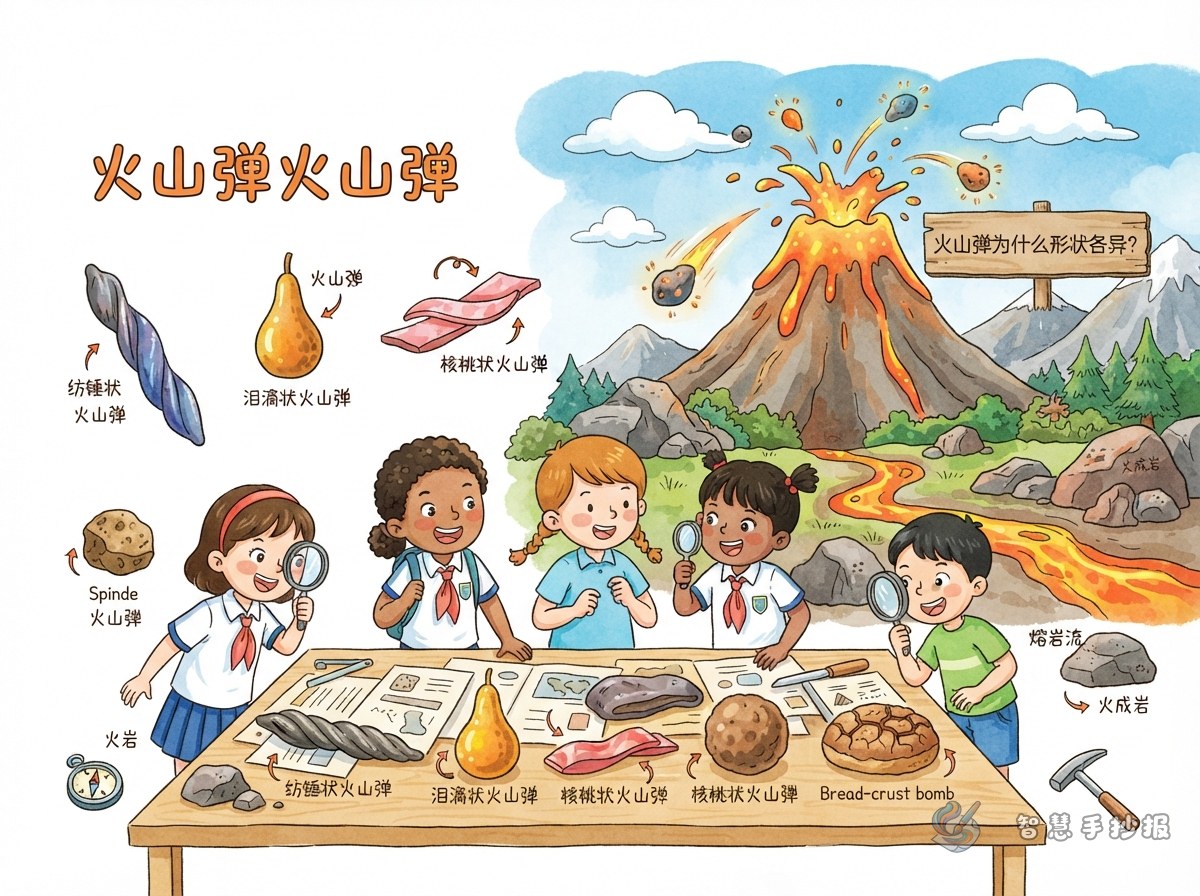 火山弹为什么形状各异？手抄报内容与绘制思路 - 智慧手抄报专题封面图