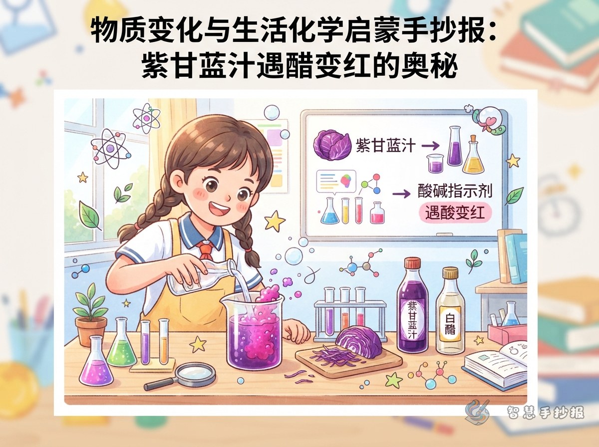 紫甘蓝汁为什么遇醋变红？酸碱指示剂手抄报怎么做 - 智慧手抄报专题封面图