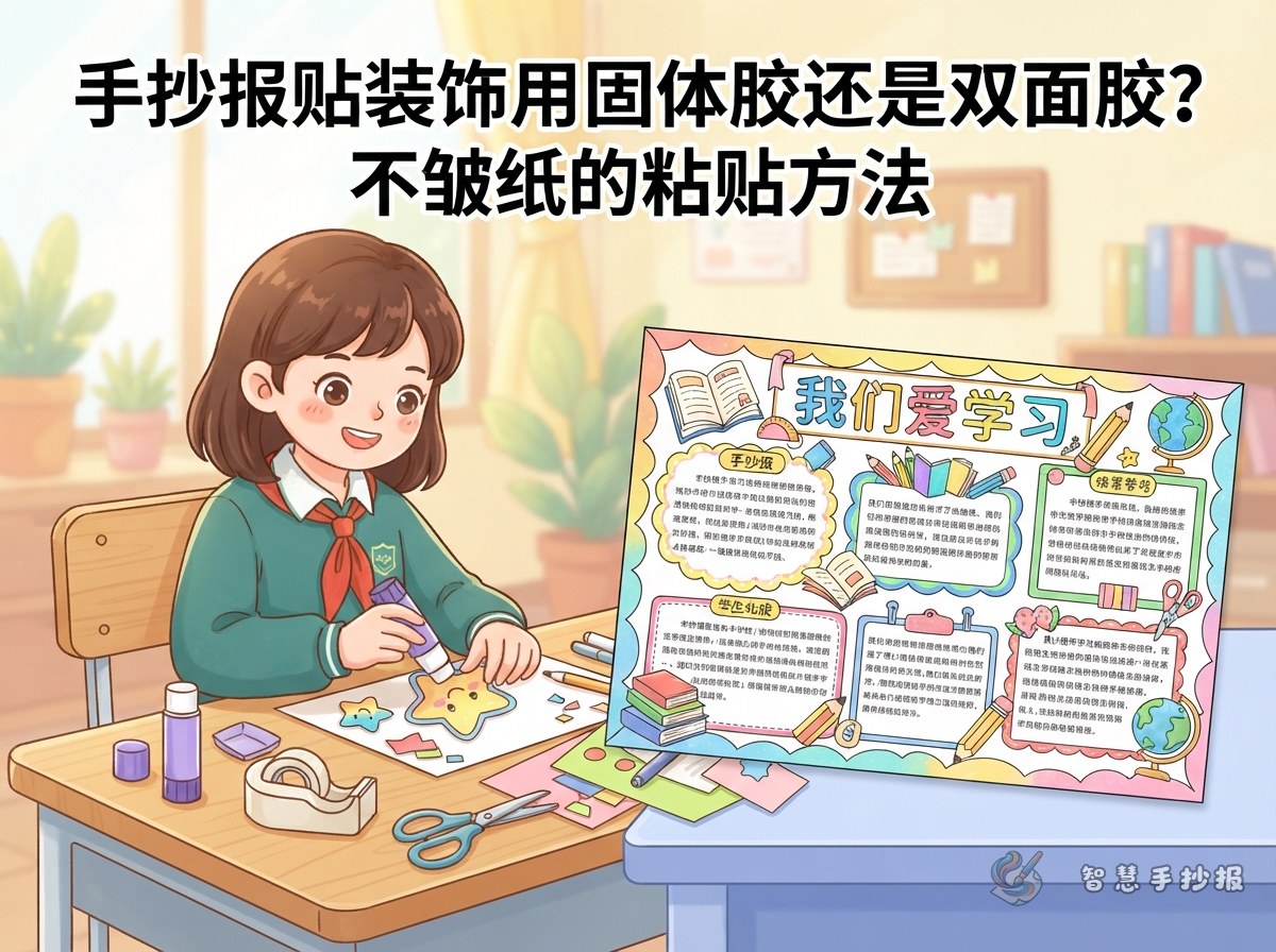 手抄报贴装饰用固体胶还是双面胶？不皱纸的粘贴方法 - 智慧手抄报专题封面图