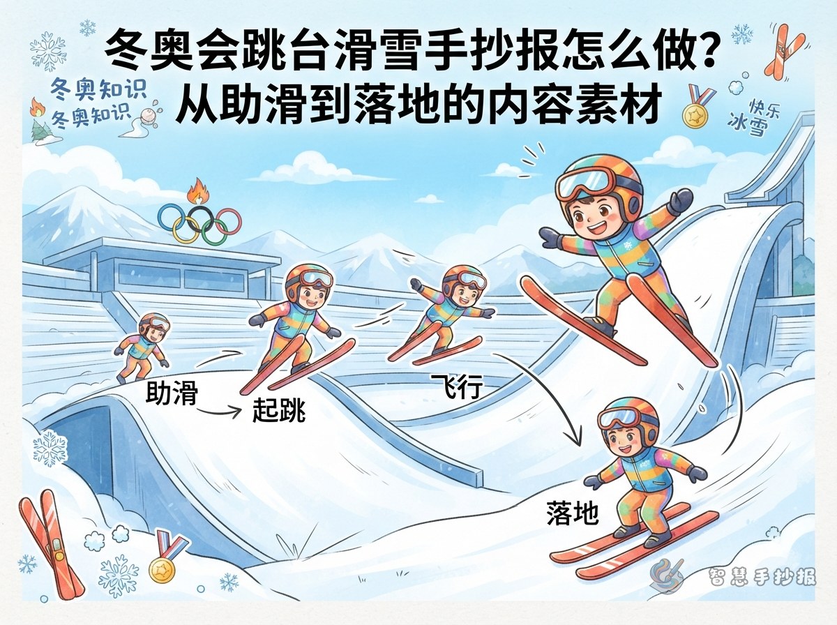 冬奥会跳台滑雪手抄报怎么做？从助滑到落地的内容素材 - 智慧手抄报专题封面图