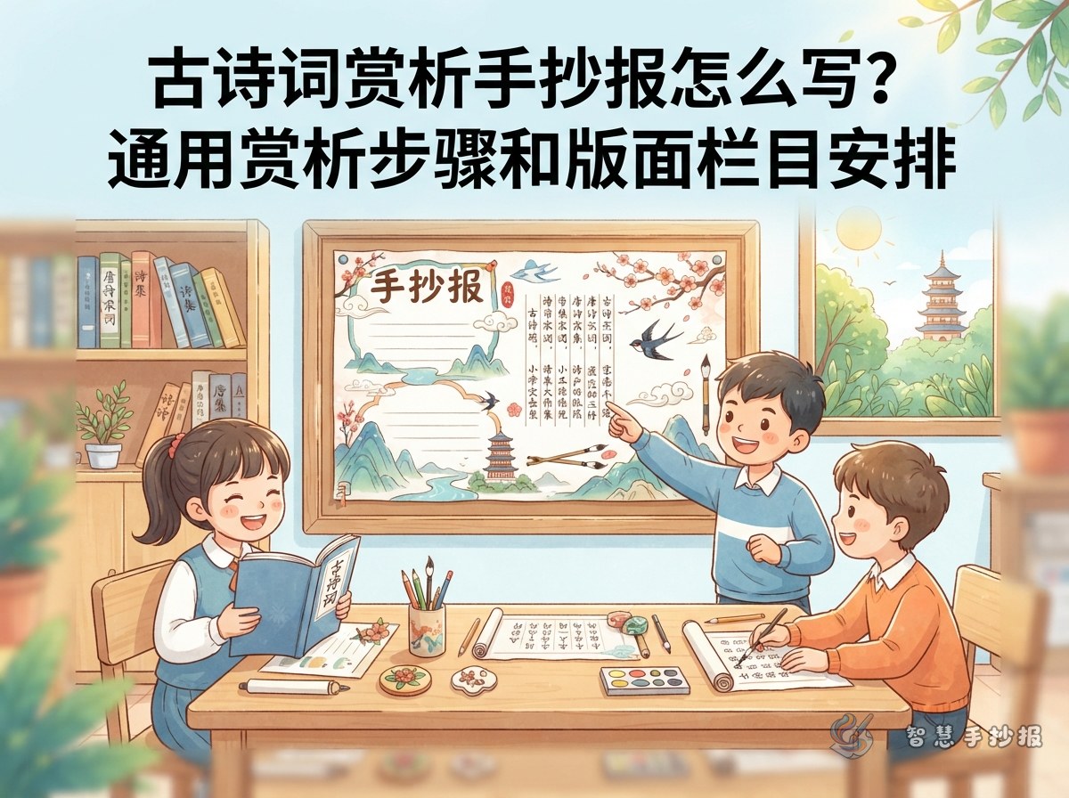 古诗词赏析手抄报怎么写？通用赏析步骤和版面栏目安排 - 智慧手抄报专题封面图