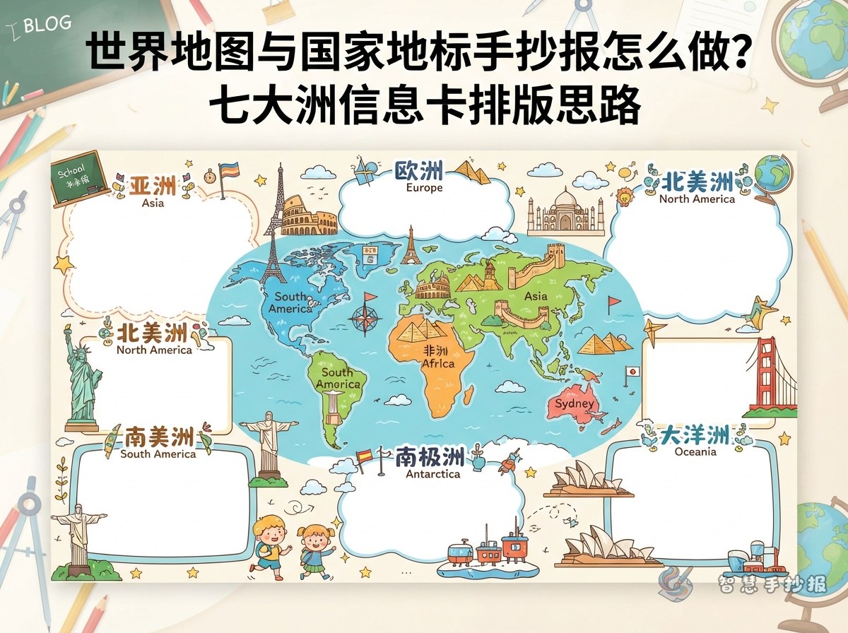 世界地图与国家地标手抄报怎么做？七大洲信息卡排版思路 - 智慧手抄报专题封面图