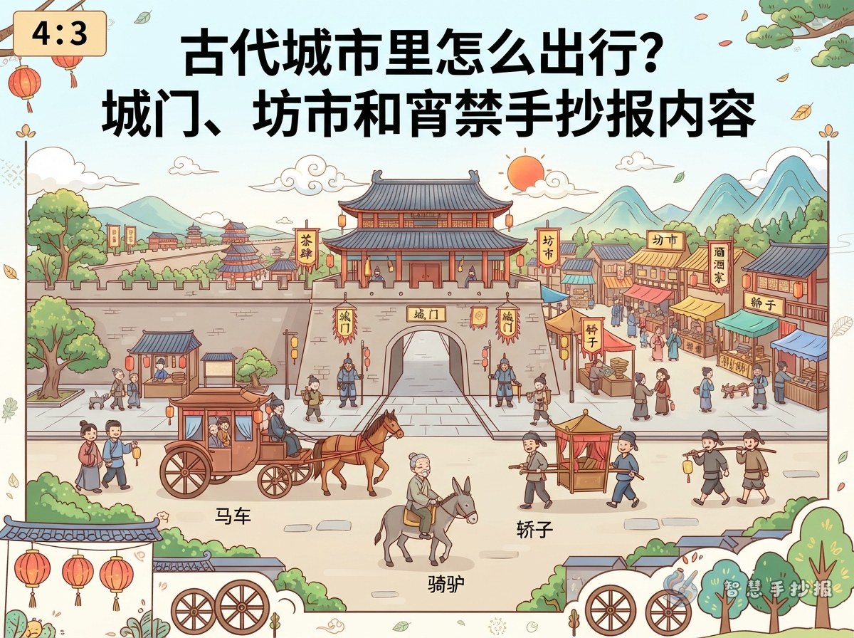 古代城市里怎么出行？城门、坊市和宵禁手抄报内容 - 智慧手抄报专题封面图