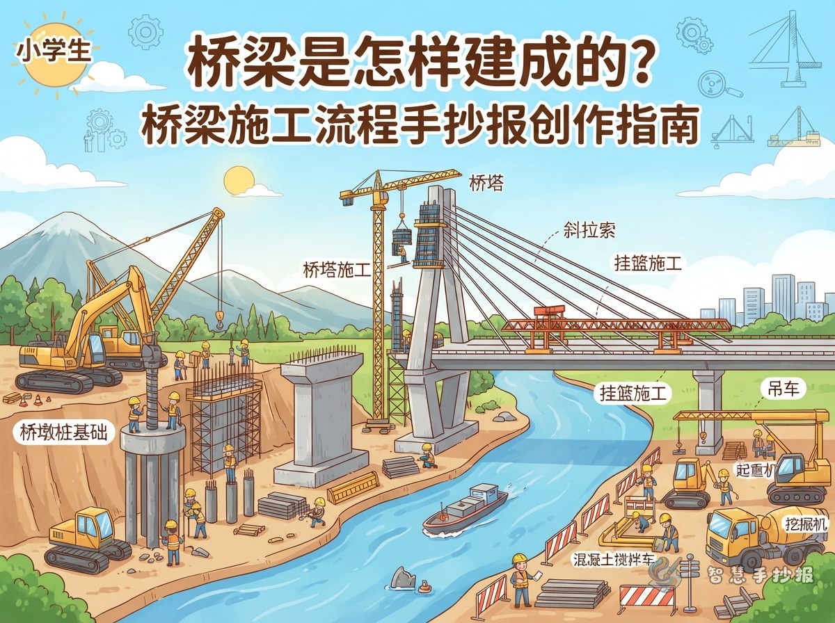 桥梁是怎样建成的？桥梁施工流程手抄报创作指南 - 智慧手抄报专题封面图