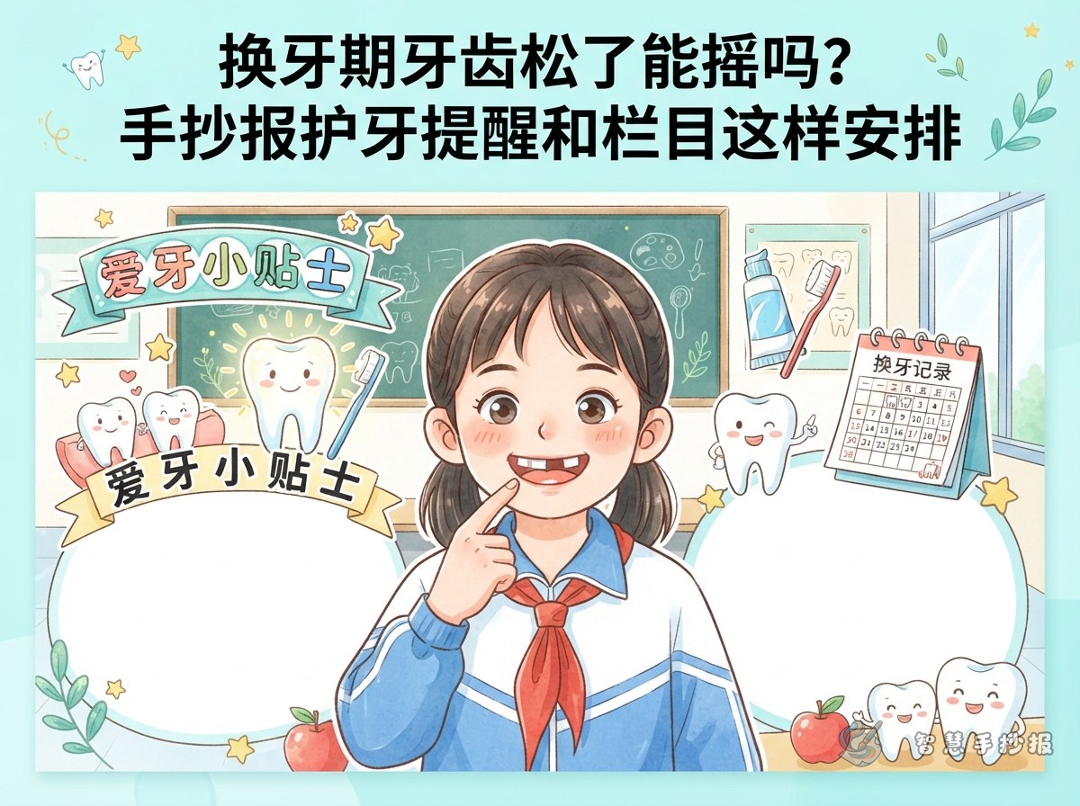 换牙期牙齿松了能摇吗？手抄报护牙提醒和栏目这样安排 - 智慧手抄报专题封面图