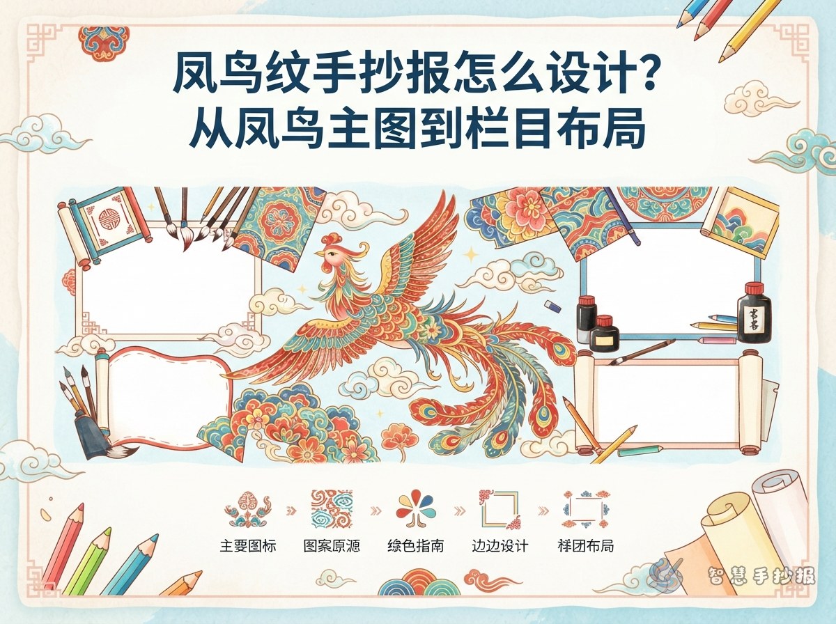 凤鸟纹手抄报怎么设计？从凤鸟主图到栏目布局 - 智慧手抄报专题封面图