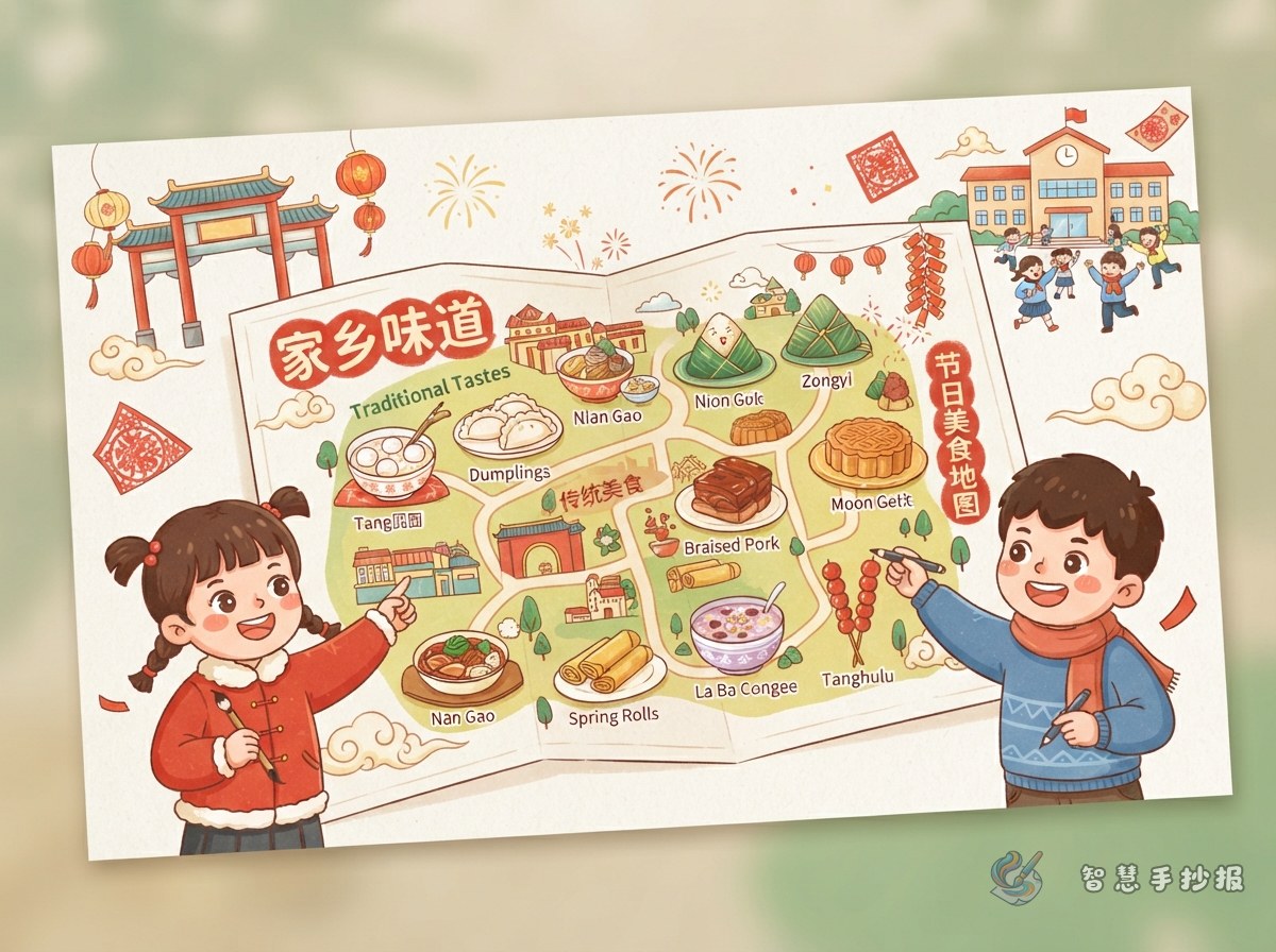 传统节日美食手抄报怎么画家乡年味地图 - 智慧手抄报专题封面图