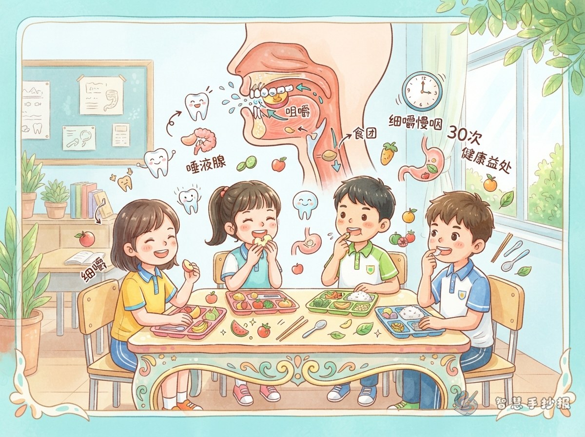 吃饭为什么要细嚼慢咽？口腔消化手抄报怎么画 - 智慧手抄报专题封面图