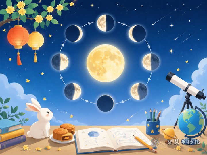 中秋月相日历手抄报怎么画更有科学感 - 月相变化与中秋天文手抄报系列作品预览