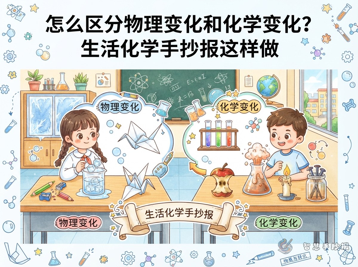 怎么区分物理变化和化学变化？生活化学手抄报这样做 - 智慧手抄报专题封面图