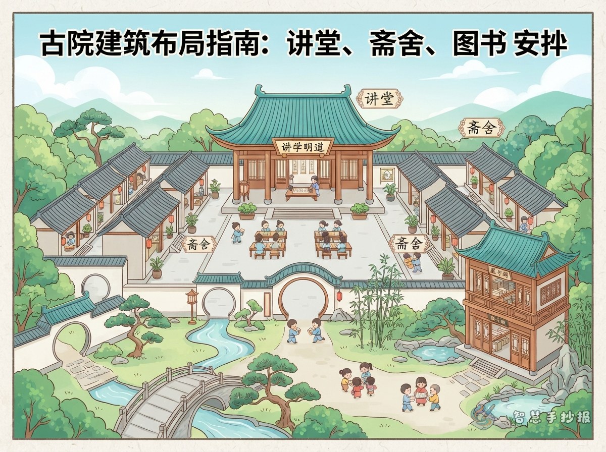古代书院建筑布局手抄报怎么画？讲堂、斋舍、藏书楼的版面安排 - 智慧手抄报专题封面图