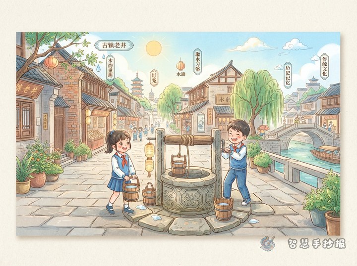 古镇老井和取水习俗手抄报怎么写更有故事感？ - 中国古镇风貌与街巷文化手抄报系列作品预览