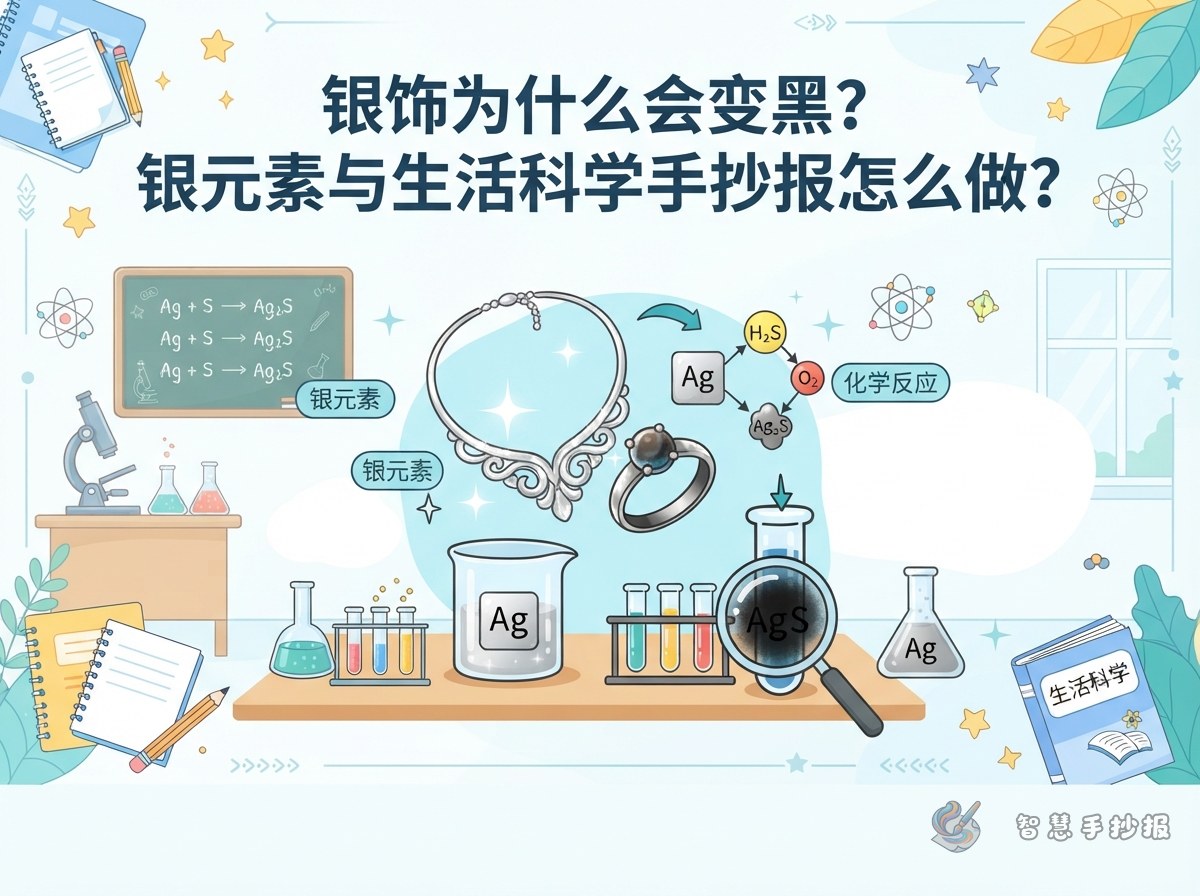 银饰为什么会变黑？银元素与生活科学手抄报怎么做？ - 智慧手抄报专题封面图
