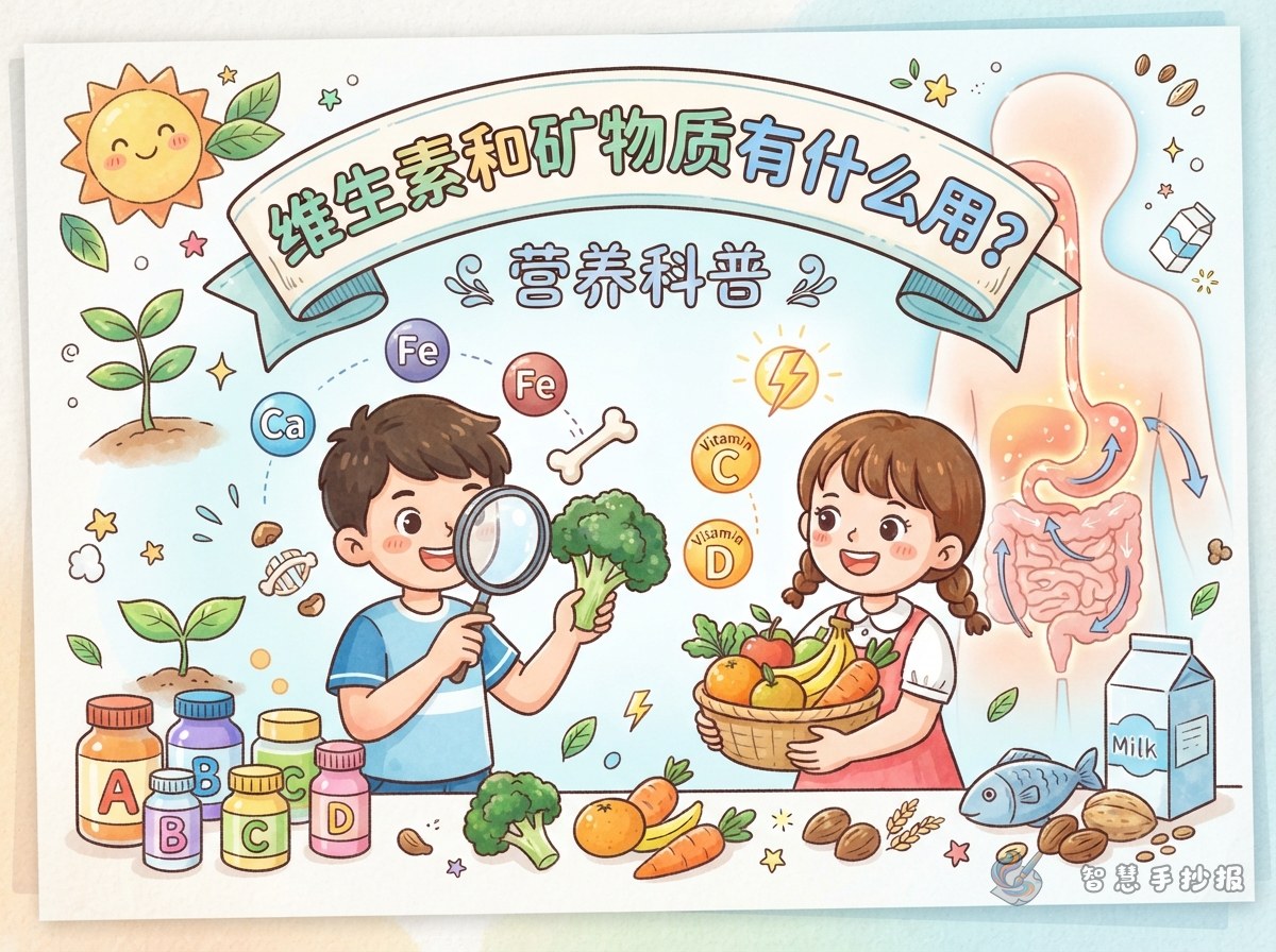 维生素和矿物质有什么用？营养科普手抄报怎么画 - 智慧手抄报专题封面图