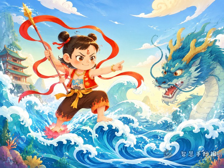What story scenes and character highlights should a Nezha Conquers the Sea handwritten newspaper include? - Sketch Topic Cover