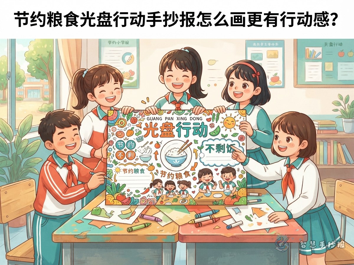 按需取餐光盘行动手抄报怎么画更有行动感？ - 智慧手抄报专题封面图