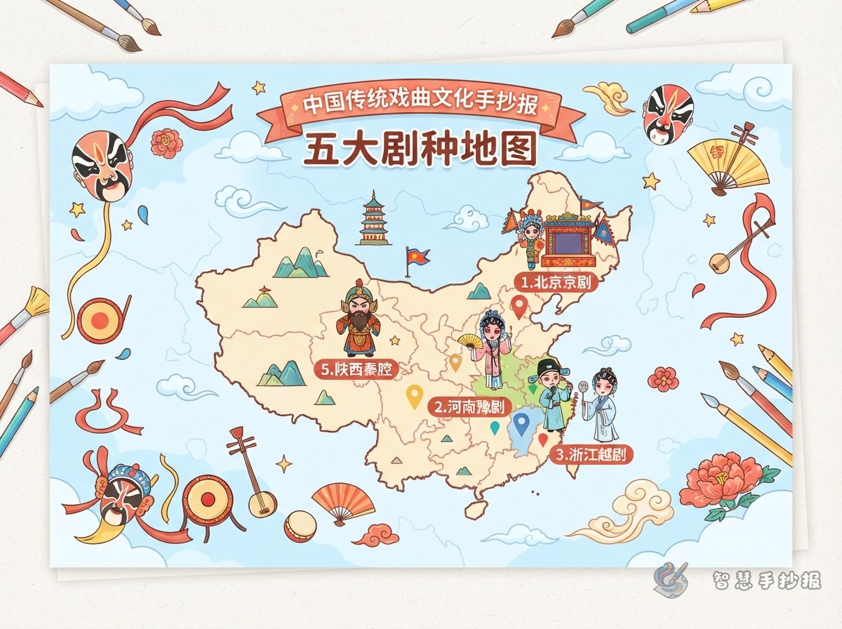 中国戏曲剧种手抄报怎么写？把五大剧种画成一张地图 - 智慧手抄报专题封面图