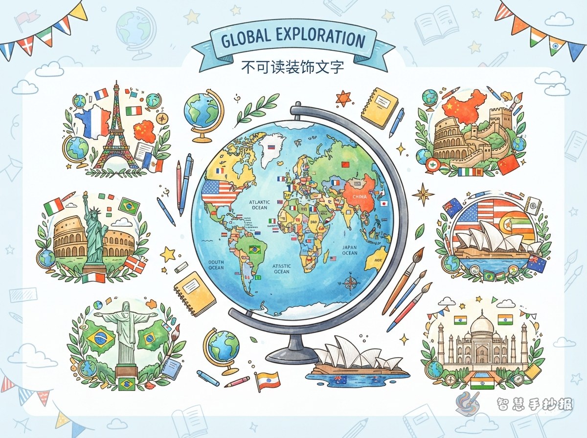 世界地图手抄报怎么用国旗配色？国家地标小档案排版示例 - 智慧手抄报专题封面图