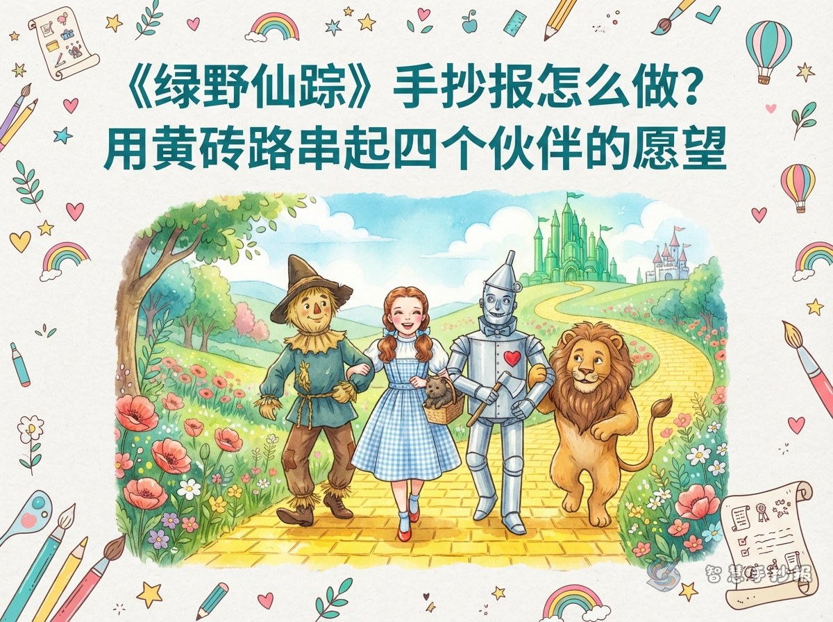 《绿野仙踪》手抄报怎么做？用黄砖路串起四个伙伴的愿望 - 智慧手抄报专题封面图