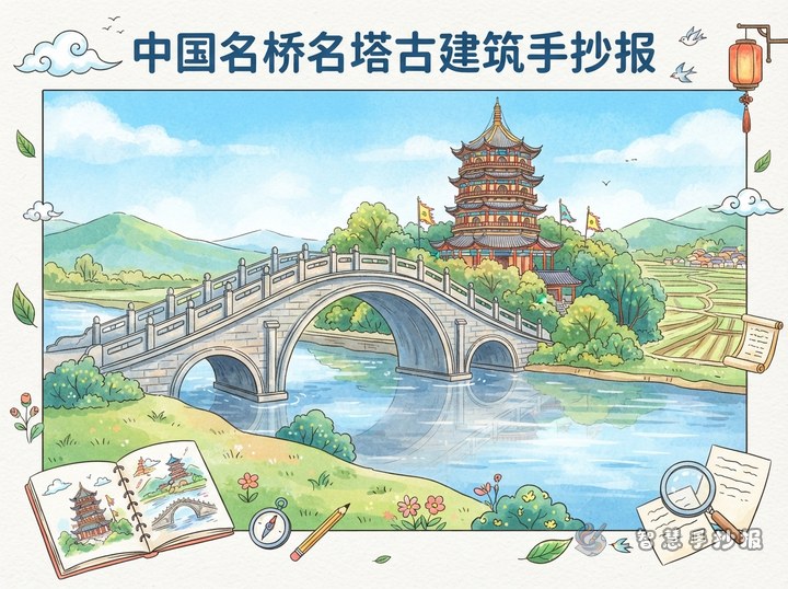 中国名桥名塔手抄报怎么画出桥塔相望的层次感 - 相关内容封面
