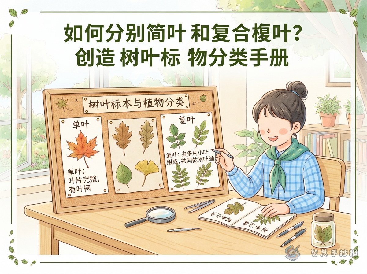 单叶和复叶怎么区分？用树叶标本做一张分类手抄报 - 智慧手抄报专题封面图
